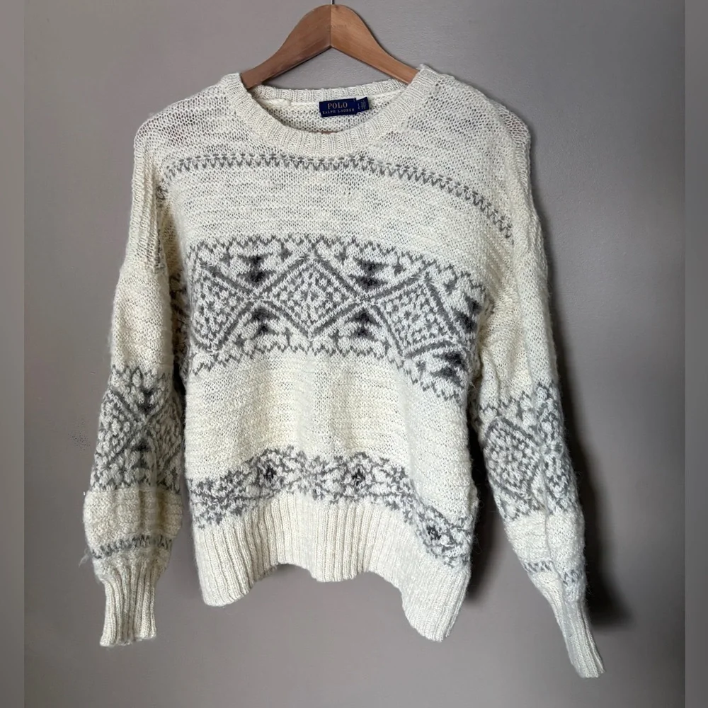 POLO Ralph Lauren cream Aztec sweater Wool Alpaca Aztec Nordic pullover sz L EUC